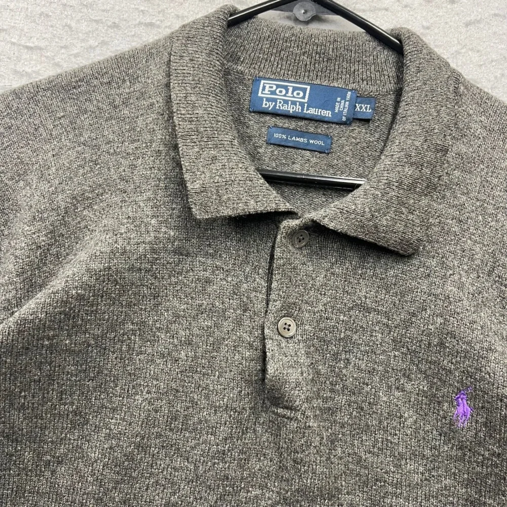 Polo Ralph Lauren Men XXL Gray 100% Lambswool Long Sleeve Polo Sweater Pony Logo